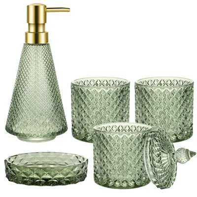 Produktbild von Badezimmer Zubehör Set 5 Stück, grüner Glas Seifenspender Set, für Badezimmereinrichtung