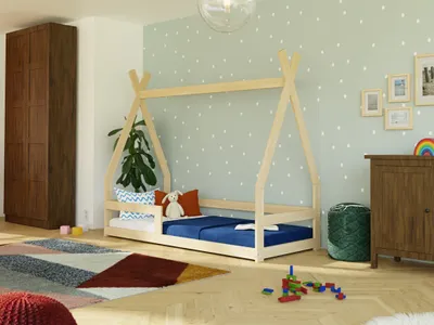 Produktbild von Niedriges Kinderbett SAFE 9-in-1 in Tipi-Form mit Barriere 90x190 cm Transparente matte Wachslasur, Mit zwei Barrieren