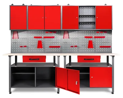 Produktbild von ONDIS24 Werkstatt Set Klaus 240 cm 3 Schränke LED rot