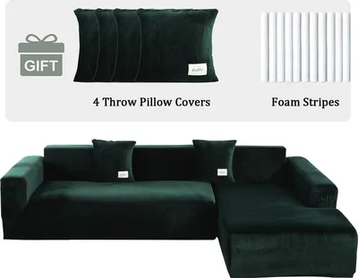 Produktbild von L-förmiger Sofabezug Stretch Samt verdickter Ecksofabezug,3 Sitzer+4 Sitzer Couchbezüge,Möbelschutz mit 4 Kissenbezügen für Möbel,Hund,Katze(Dunkelgrün)