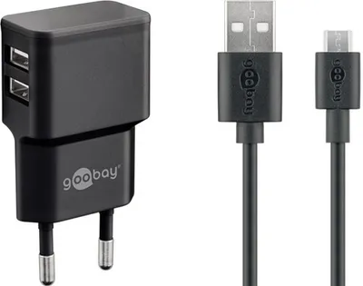 Obrázok produktu pre Goobay 44984 Micro USB duálna nabíjacia súprava 2,4 A, čierna, 1 m - napájací adaptér s 2x USB zásuvkou a Micro USB káblom 1 m (čierny)