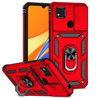 Obrázek produktu pro Pouzdro pro Xiaomi Redmi 10A / 9C dvouvrstvé pouzdro s posuvným krytem kamery a prstencovým stojánkem červené