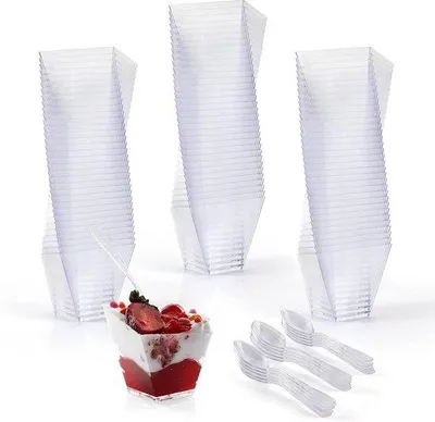 Produktbild von Famanu Mini Dessertbecher mit Löffeln - 100 Stück, 60 ml, transparent, wiederverwendbar