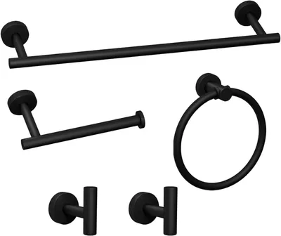 Image de Ensemble de 5 accessoires de salle de bain en noir mat, en acier inoxydable, comprenant une barre de serviettes et un porte-serviettes.