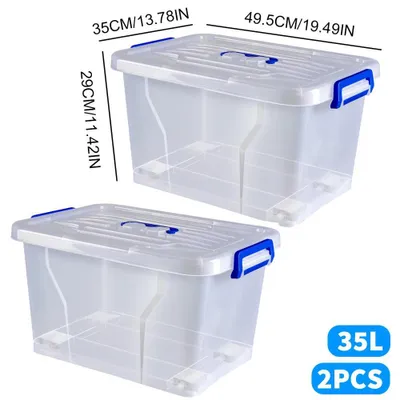 Zdjęcie produktu dla Pojemniki do przechowywania – zestaw 2 plastikowych pojemników z pokrywką – 35 l – na kółkach – z możliwością układania w stosy – z tworzywa PP – do szafy/do domu