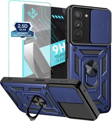 Produktbild von Armor Handyhülle für Samsung Galaxy S22 mit 9H Displayglas Displayschutz Kameraschutz Handy Panzer Case Cover Schutzhülle Outdoor Farbe: Blau