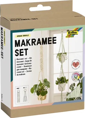 A cardboard box packaging for a macrame set, showing the product and its contents.