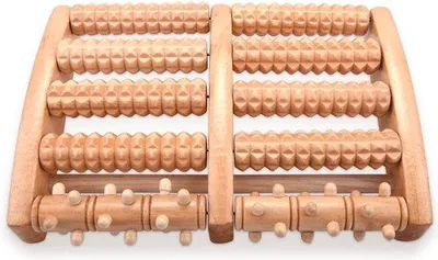 Produktbild von Unyqoos® Fußmassageroller Holz 10 Rollen 27x17x5 cm – Fußreflexzonenmassage, bei Plantarfasziitis, Fußschmerzen & Krämpfe, für Zuhause & Büro