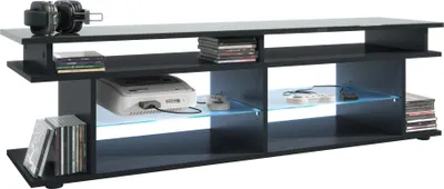 Produktbild von Vladon TV Board Movie V3 Game On 138,5 x 39 x 37,5 cm inkl. LED-Beleuchtung Blau, Korpus in Schwarz matt, Game Aufsatz in Grau Hochglanz