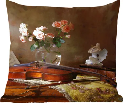 Produktbild von MuchoWow® Zierkissen Sofakissen Wohnzimmer Dekokissen 50x50 cm Geige - Stilleben - Blumen - Komfort - Sofakissen