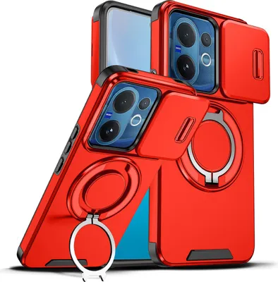 Image de Etui double couche pour Vivo V60, avec cache-appareil photo coulissant et anneau magnétique Rouge
