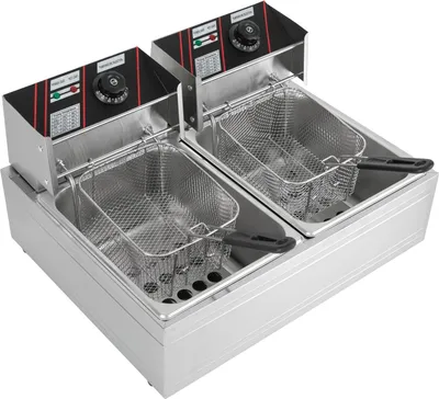 Gewerbliche Elektro-Fritteuse - Doppeltank 12 L - Edelstahl - Temperatur 60–200°C einstellbar - Edelstahldeckel - Silber