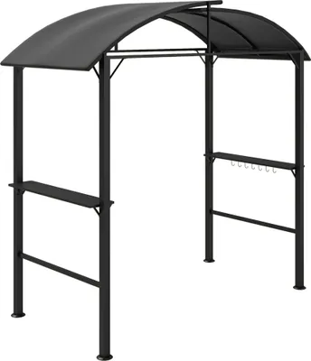 A black metal grill pavilion with a curved roof and two side shelves, shown against a white background.