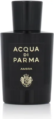 A black bottle of Acqua di Parma Ambra Eau de Parfum is shown against a white background.