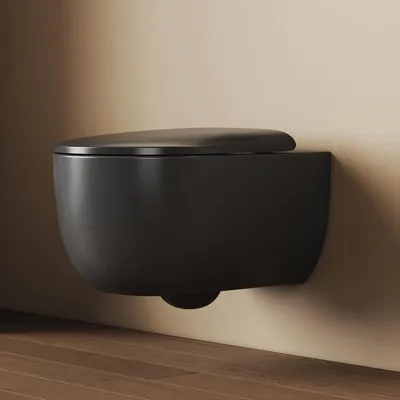 Obrázok produktu pre EMKE Závesné WC, Superspin splachovanie, jednootvorové, 355x365x555mm, keramické, priame splachovanie, Soft-Close sedadlo, matná čierna