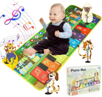 Immagine prodotto di Tappetino musicale per bambini dai 1 anno – Tappetino a forma di pianoforte con 9 tasti, 19 canzoni e 10 suoni di animali – Giocattolo musicale educativo per neonati e bambini piccoli – 110 x 43 cm – Regalo per bambine e bambini