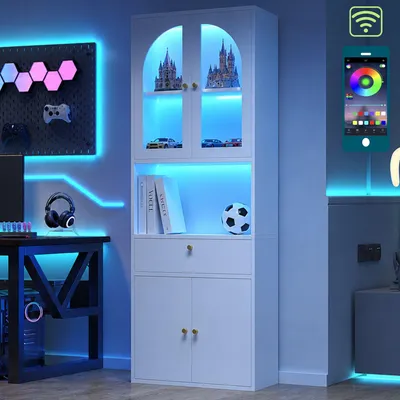 Produktbild von Merax Glasvitrine mit RGB-LED, Vitrinenschrank mit gewölbten Glastüren, Schublade, offenen Fächern, Bücherschrank, Aktenschrank, Weiß