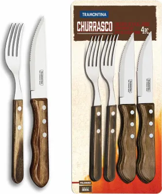 Produktbild von Tramontina JUMBO Steakbesteck Set, 4-tlg., Steakmesser, Steakgabel, Messer, Edelstahl / Holz, Braun, 29899-163