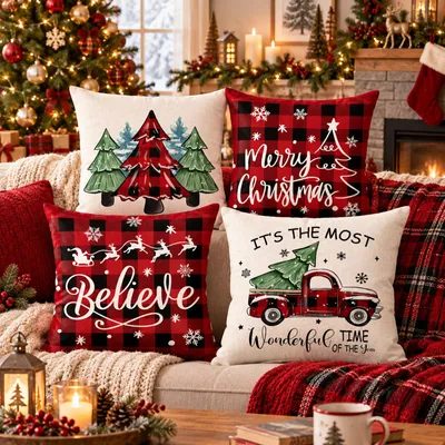 Image de Lot de 4 housses de coussin de Noël, 45 x 45 cm, couleurs variées, mélange de lin, pour décoration de canapé ou de chambre