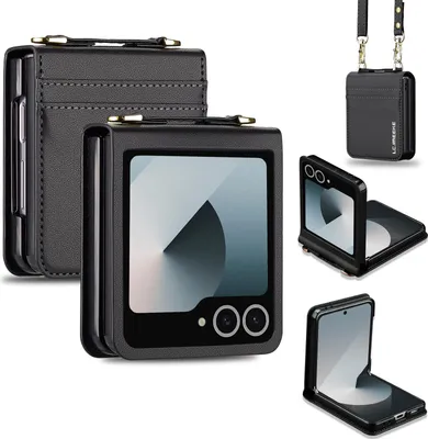 Image de Étui en cuir pour Samsung Galaxy Z Flip 7, avec bandoulière et fente pour cartes de crédit Noir
