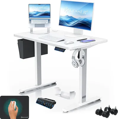 Produktbild von KESSER® Schreibtisch elektrisch & höhenverstellbar Computertisch Ergonomisch Stehen & Sitzen 3-Memory 360° Rollen USB-Ladeanschluss 100x60cm Weiß