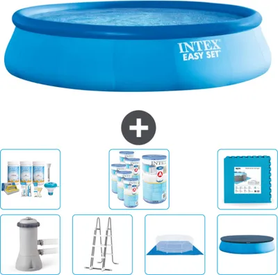 Produktbild von Intex runder aufblasbarer Easy Set-Schwimmpool – 457 x 107 cm – Blau – inklusive Pumpe – Leiter – Bodenplane – Abdeckung Wartungspaket - Filter - Bodenfliesen