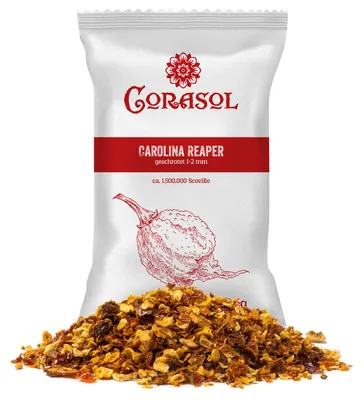 Produktbild von Corasol Carolina Reaper Chili (Gringo Killer), geschrotet ca. 1.500.000 Scoville (5 g im Aromabeutel)
