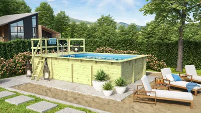 Produktbild von Aufstellpool Holzpool-Set Karibu Grösse 2 rechteckig 582x353x124 cm inkl. Bodenschutzvlies, Innenauskleidung mit Keilbiese & Leiter mit Plattform