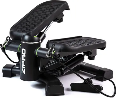 A black and green stepper machine on a white background.