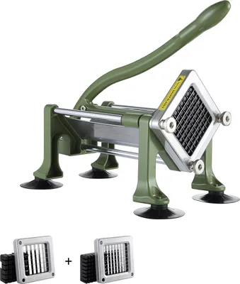 A potato slicer with interchangeable blades and suction cups, presented on a white background.