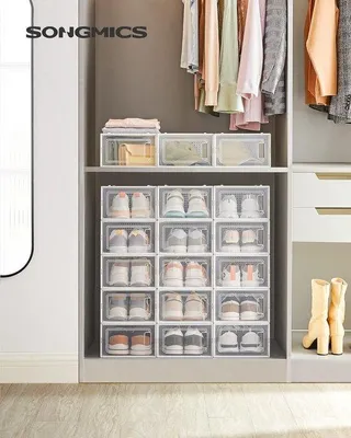 Produktbild von Plastik-Schuhschutzbox - Set von 18 - Faltbar und stapelbar - Transparent weiß - bis Größe 42