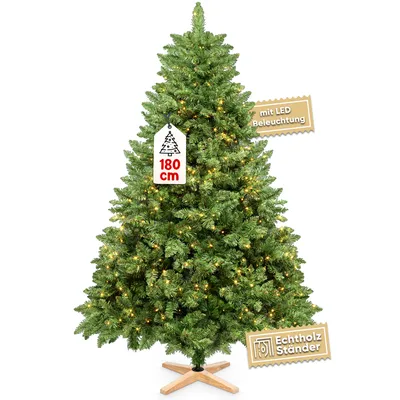 Produktbild von Premium Weihnachtsbaum künstlich 180cm - mit Holzständer, Nordmanntanne, Künstlicher Tannenbaum, Naturgetreu, dichte Zweige mit LED