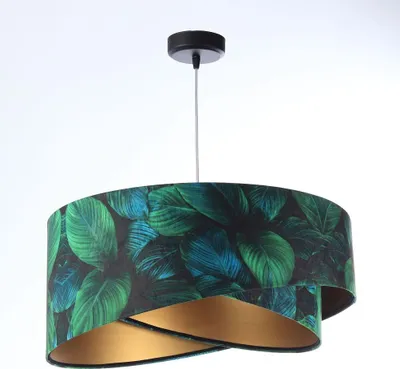 Produktbild von Hängelampe Stoff D: 50 cm H: max. 102 cm in Schwarz Grün (Tropical Print) Gold E27 rund Modern Pendelleuchte