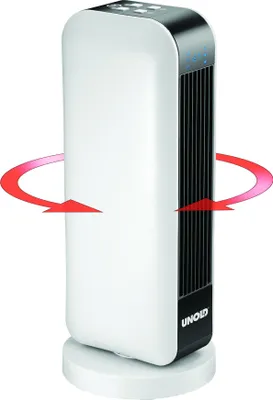 Ein weißer, rechteckiger Turmventilator von Unold im KERAMIK-HEIZLÜFTER DESIGN mit schwarzem Ventil 