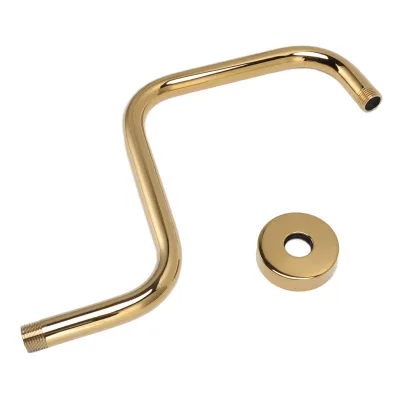A gold-colored shower arm and a matching flange are shown against a white background.