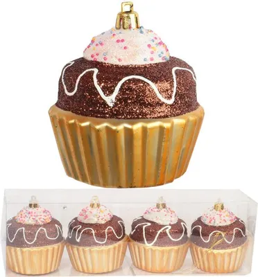 Produktbild von 4er-Set Weihnachtskugeln, Schokoladenmuffins mit Glitzer, 8 cm, Kunststoff