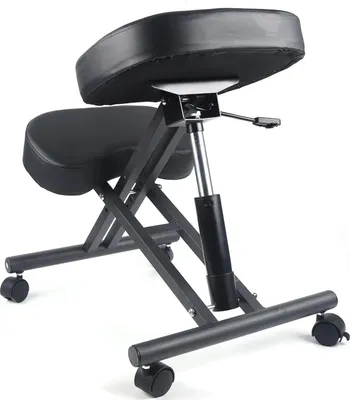 Image de Chaise ergonomique pour les genoux - Chaise de bureau pliable - Réglable en hauteur de 50 à 60 cm - Coussins rembourrés - Structure en acier - Roulettes - Largeur 46 cm - Noir