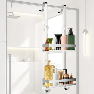 Image de Étagère de douche à suspendre, avec 2 paniers et 2 crochets, en acier inoxydable, couleur argent