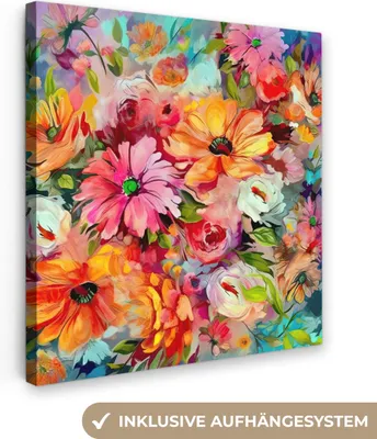 Produktbild von MuchoWow® - Leinwandbilder - Blumen - Farbenfroh - Kunst - Ölgemälde, Wandbild, Wanddeko Bilder Wohnzimmer, 20x20 cm