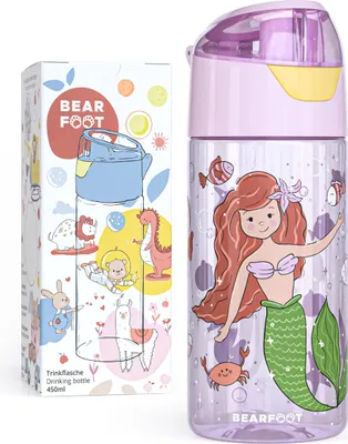 Produktbild von Trinkflasche Kinder 450ml, leichte Tritan Wasserflasche, BPA frei, auslaufsicher, Kohlensäure geeignet, spülmaschinenfest, Mädchen - Meerjungfrau