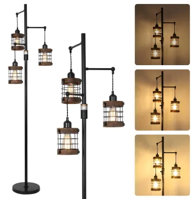 Immagine prodotto di Lampada da terra vintage Dimbare con 3 paralumi e paralume in legno