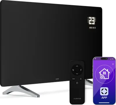 Produktbild von Klarstein Infrarotheizung 720W – Wandmontage & Standgerät, Thermostat, App-Steuerung, Glas-Design, IP43, Überhitzungsschutz, für Bad & Wohnzimmer, elektrische Wandheizung, Schwarz