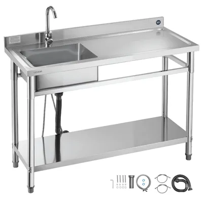 Produktbild von VEVOR Edelstahl Utility Sink, 1 Fach Freistehendes kleines Waschbecken mit Werkbankarmatur & Beinen, 100,1 x 48,5 x 95 cm Gewerbliche Einzelbecken für Garage, Restaurant, Wäscherei, NSF-, 120 cm-a, Rechtes Abtropfbrett, Einzelkompartiment, Einzelne Schicht