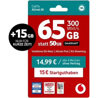 Produktbild von Vodafone Prepaid CallYa M | 65 GB statt 50 GB | 15 EUR Guthaben | ohne Vertrag | 5G | Allnet Flat | EU-Roaming | Weltweit nutzbar