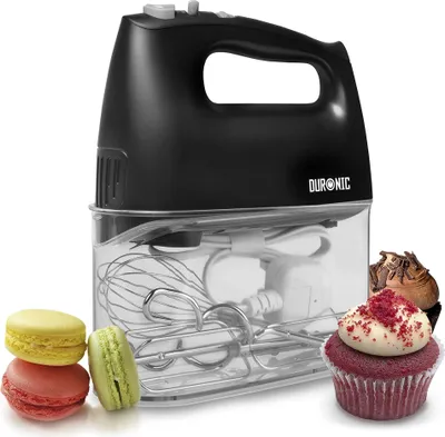 Duronic HM4 BK elektrischer Handmixer - 400 Watt - Aufbewahrungsbox - Turbofunktion - Edelstahl - 2 Rührbesen - 2 Knethaken - Schneebesen - Mixer - Handrührer - Ideal für Kuchen, Schnee, Schlag