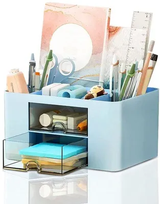 Obrázek produktu pro Organizér na psací stůl Unyqoos® s průhlednou zásuvkou, 7 přihrádek, kompaktní rozměry 19,5×14×10 cm, vyrobený z PP plastu – úsporný design pro kancelář, domácnost a školu