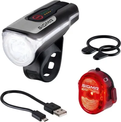 Produktbild von Sigma Sport Aura 80 + Nugget II Set, Heckbeleuchtung + Frontbeleuchtung (Set), Schwarz, Aluminium, Kunststoff, IPX4, LED, Rot/Weiß