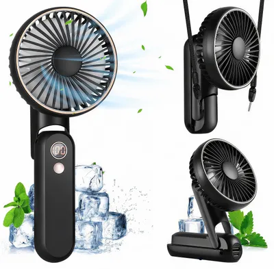 Produktbild von Handventilator,Tragbarer USB Handyhalter Lüfter,Mini Hand Ventilatoren mit 5 Windgeschwindigkeit,4000mAh Akku,180°-Faltbar&LED-Display,Leise,Schwarz