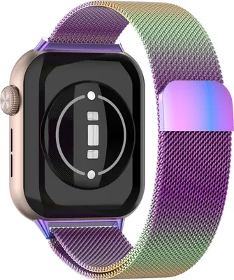 The back of a smartwatch with a colorful Milanese loop band.