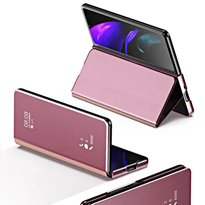 Multiple views of a pink flip phone case with a mirrored front cover.